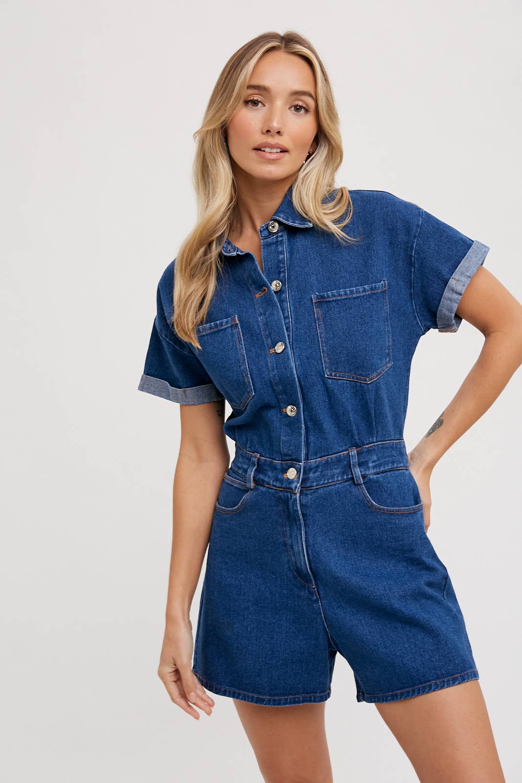 DENIM BUTTON DOWN SHIRT ROMPER