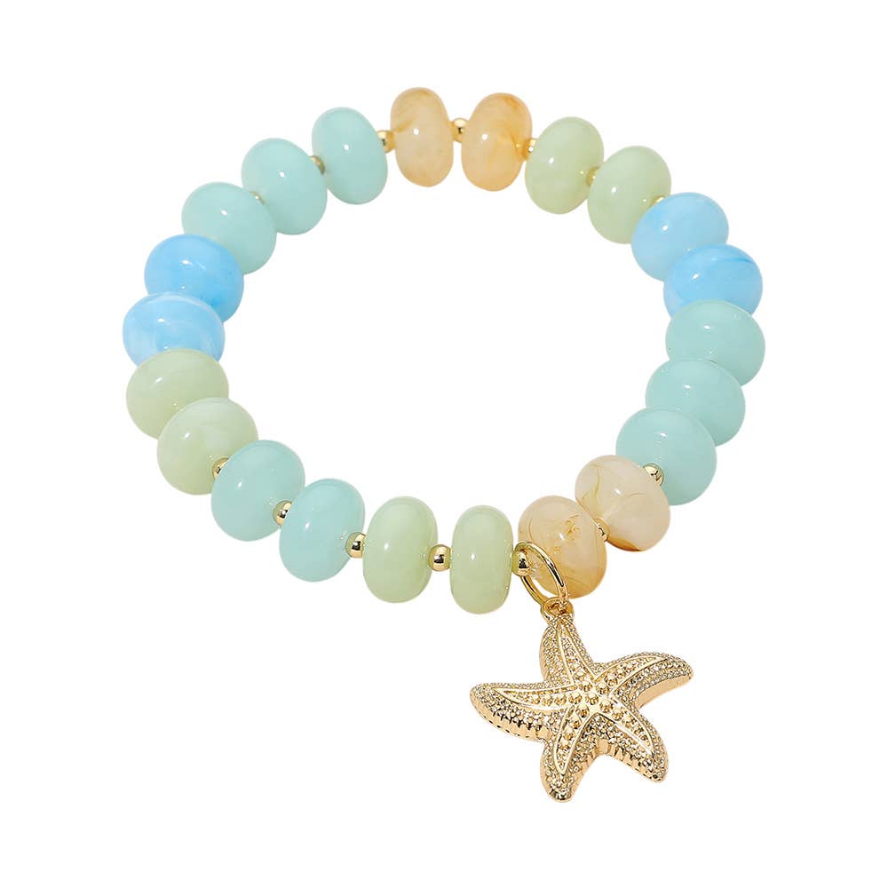 Textured Metal Starfish Charm Accent Resin Pebble Beaded Stretch Bracelet