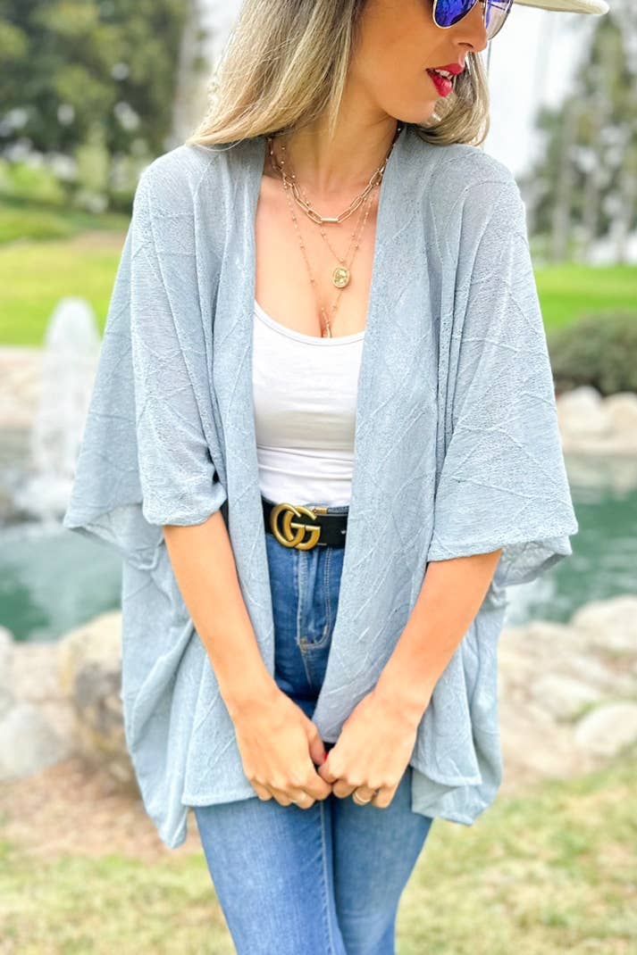Grey Textured Sheer Jersey Knit Loose-Fit High Low Kimono
