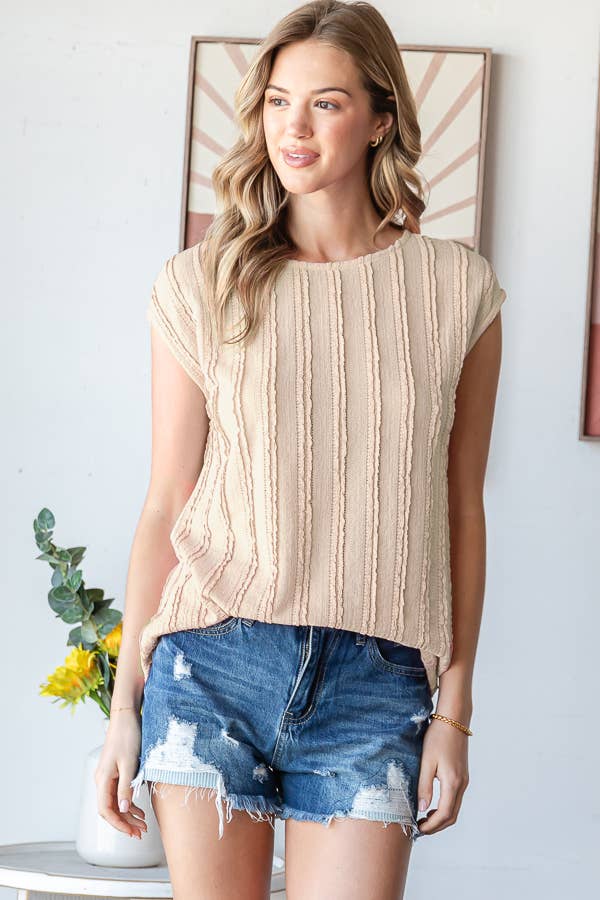 Lightweight Stripe Textured Cap Sleeves Blouse T5948