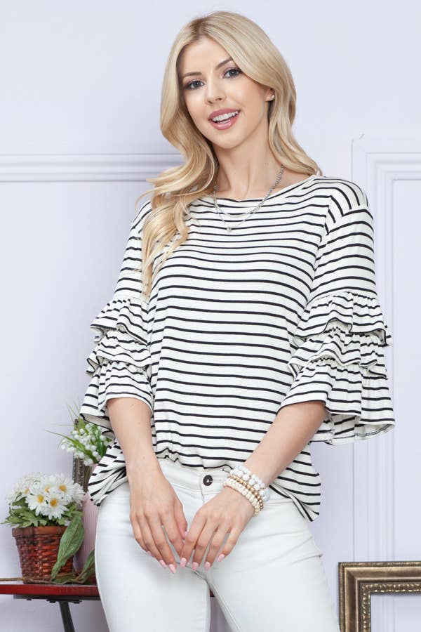 RUFFLE HALF SLEEVE STRIPE TOP