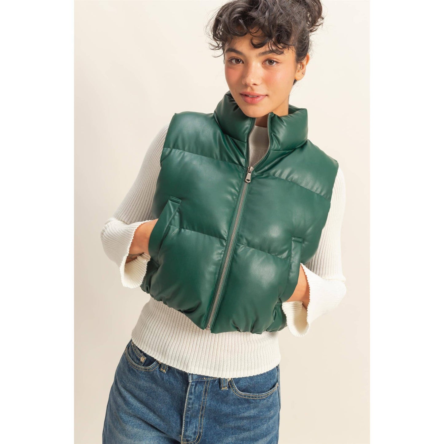 Faux Leather Cropped Puffer Vest