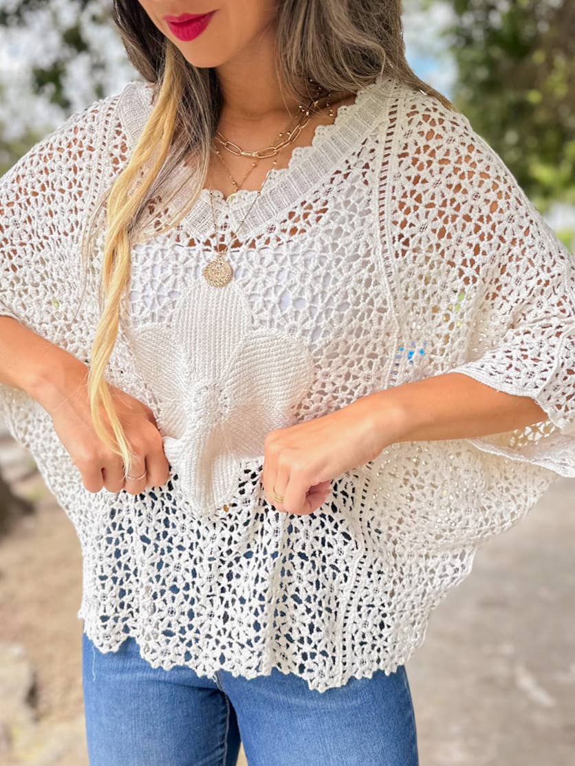 Boho Crochet Dolman Sleeve Top with Bold Flower Detail