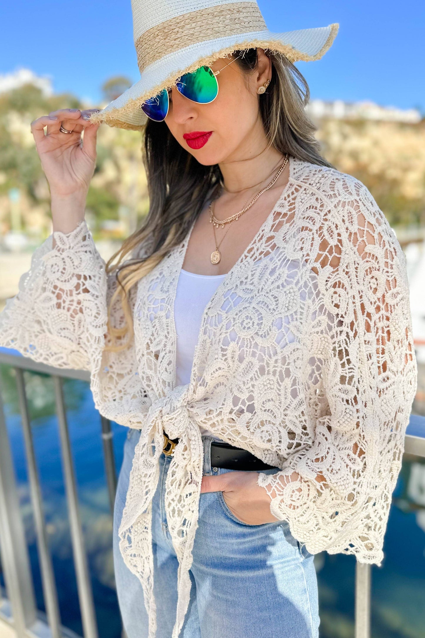 Ivory Floral Crochet Bell Sleeve Open Front Cardigan CoverUp