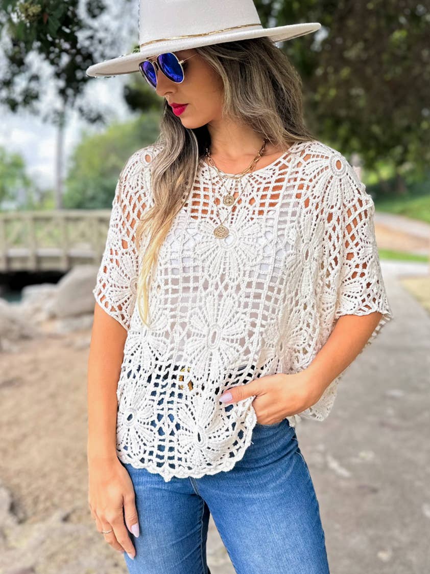 Ivory Boho Floral Crochet Dolman Sleeve Knit Top