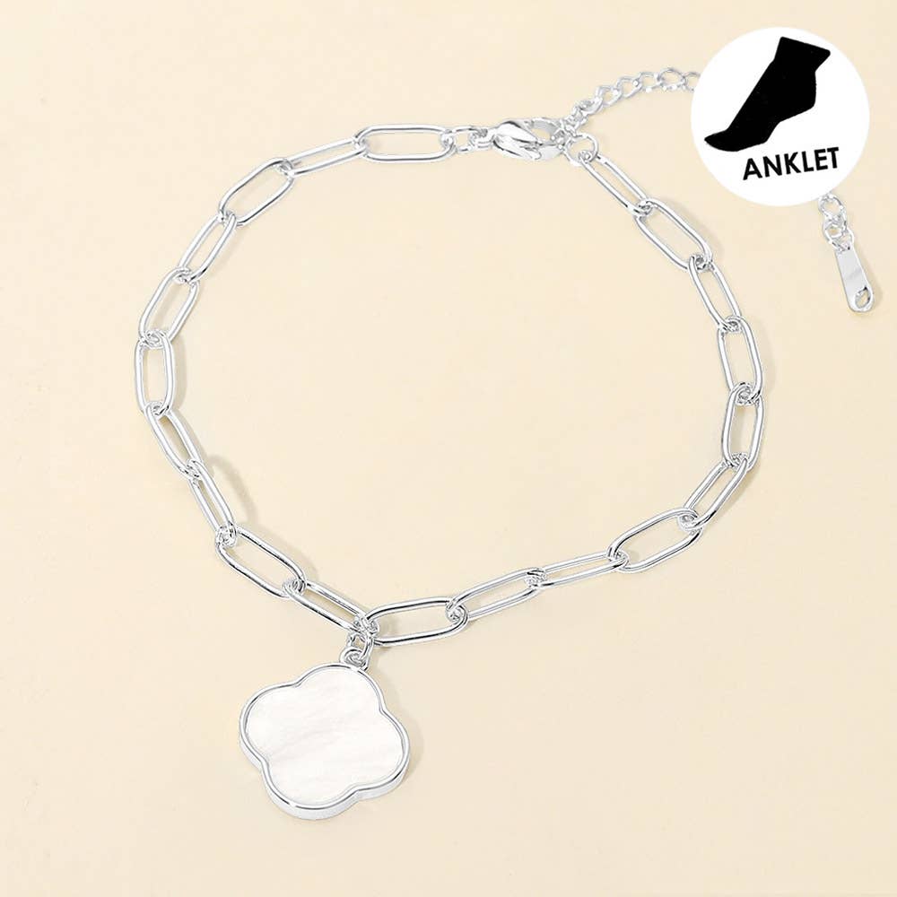 Stainless Steel Mother of Pearl Quatrefoil Charm Paperclip Chain Anklet