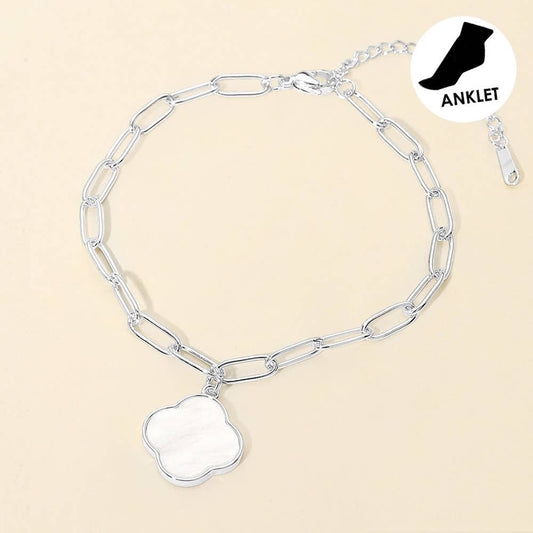 Stainless Steel Mother of Pearl Quatrefoil Charm Paperclip Chain Anklet