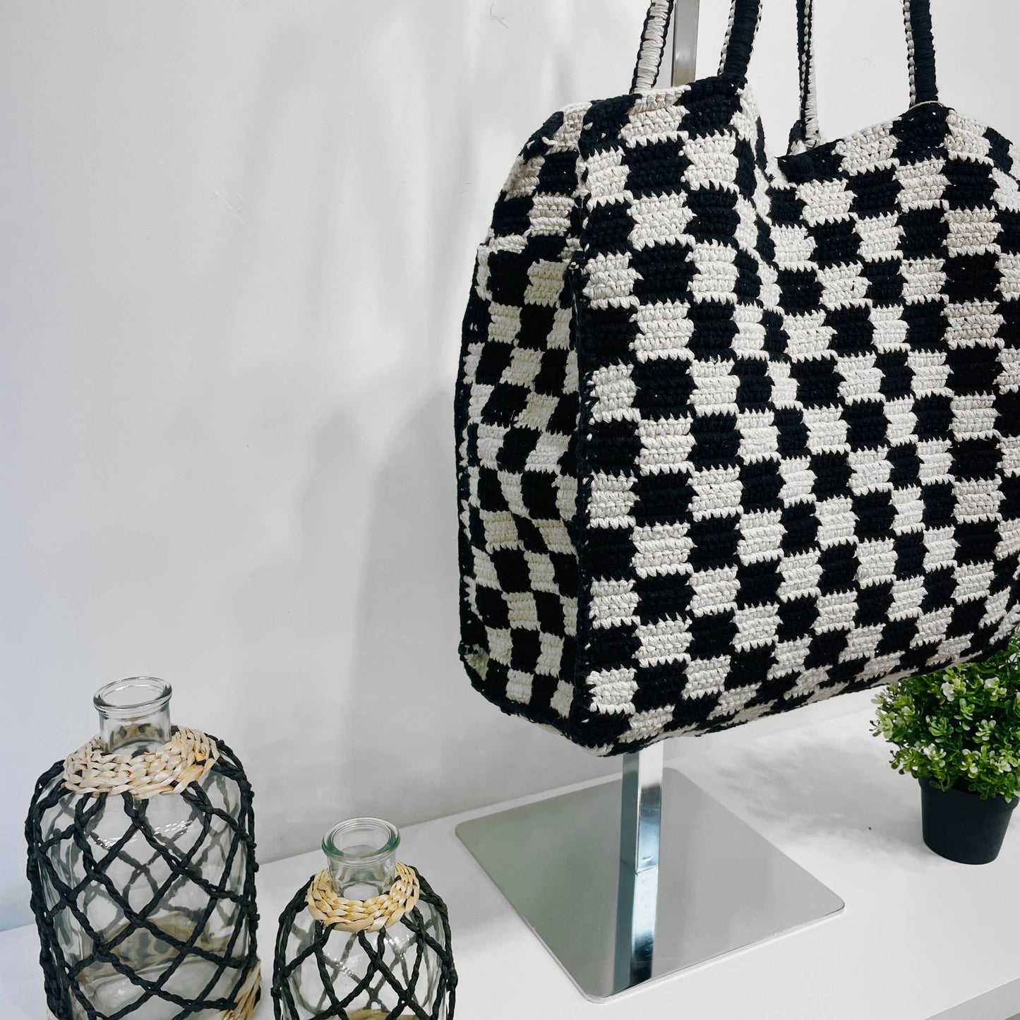 Fiona Bag - Checkered Cotton bag - Black and white