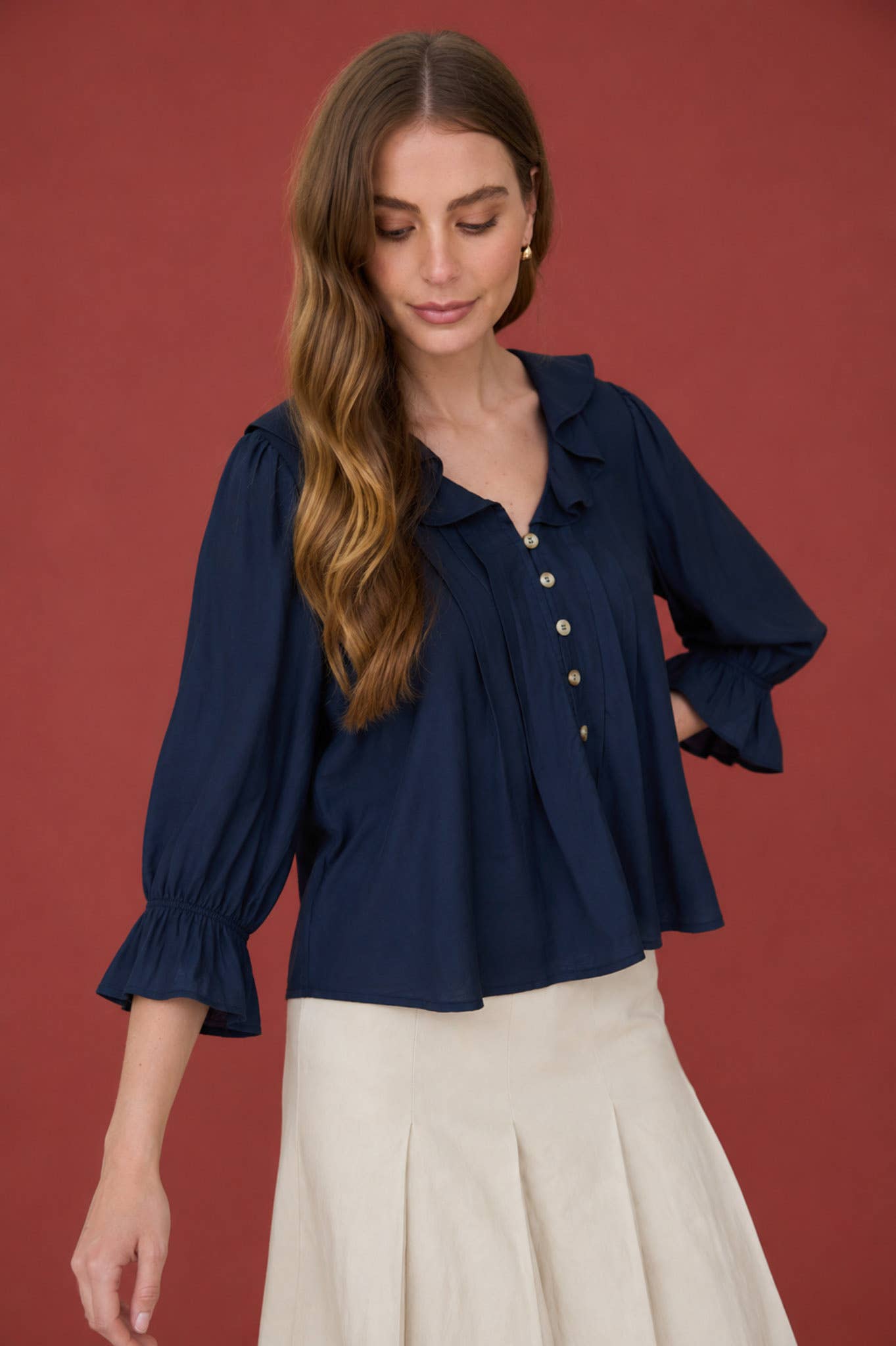 RUFFLED V NECK BUTTON DOWN 3/4 SLEEVE BLOUSE