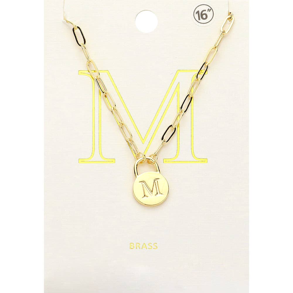 Brass Metal Initial Monogram Lock Pendant Necklace