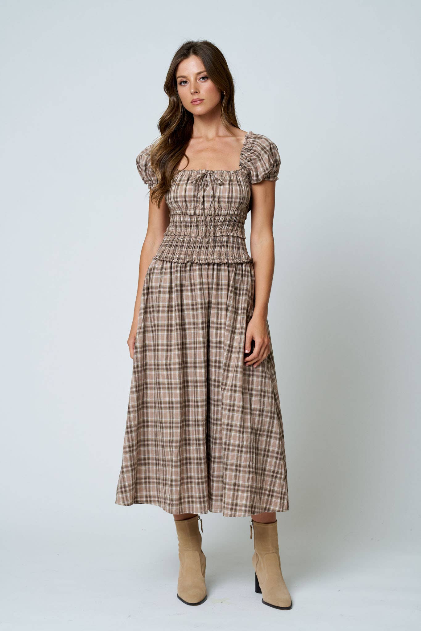 PLAID PUFF SLEEVE RUFFLED SMOCKED WAIST MIDI DRESS