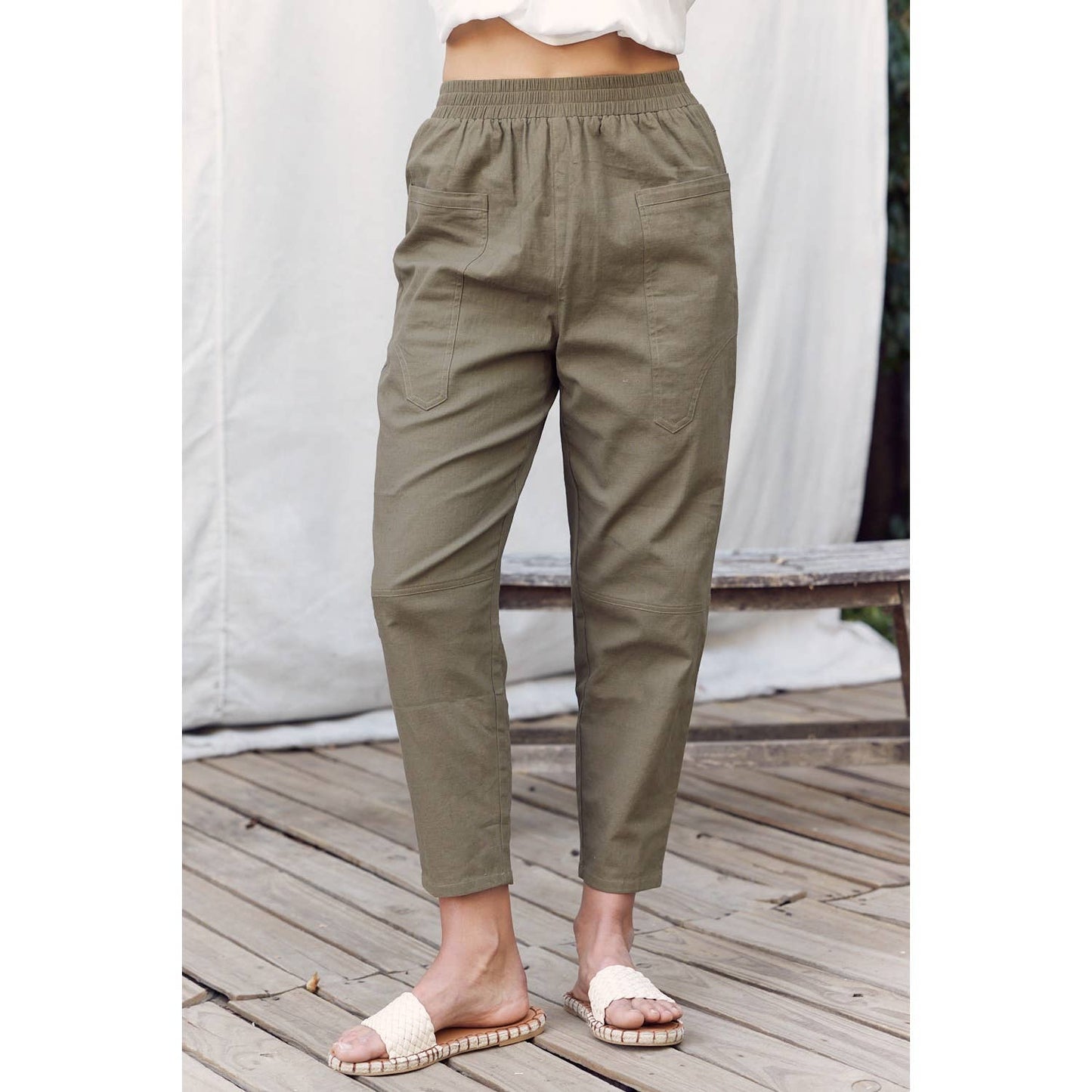 STRETCHED LINEN BLEND DEEP POCKETS CROPPED PANTS