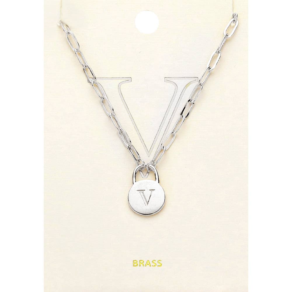 Brass Metal Initial Monogram Lock Pendant Necklace
