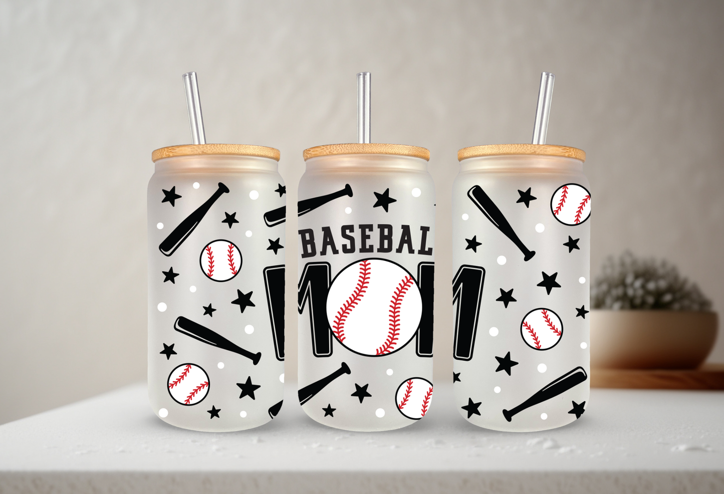 Baseball Mom | 20 oz Glass Libbey with Bamboo Lid & Straw