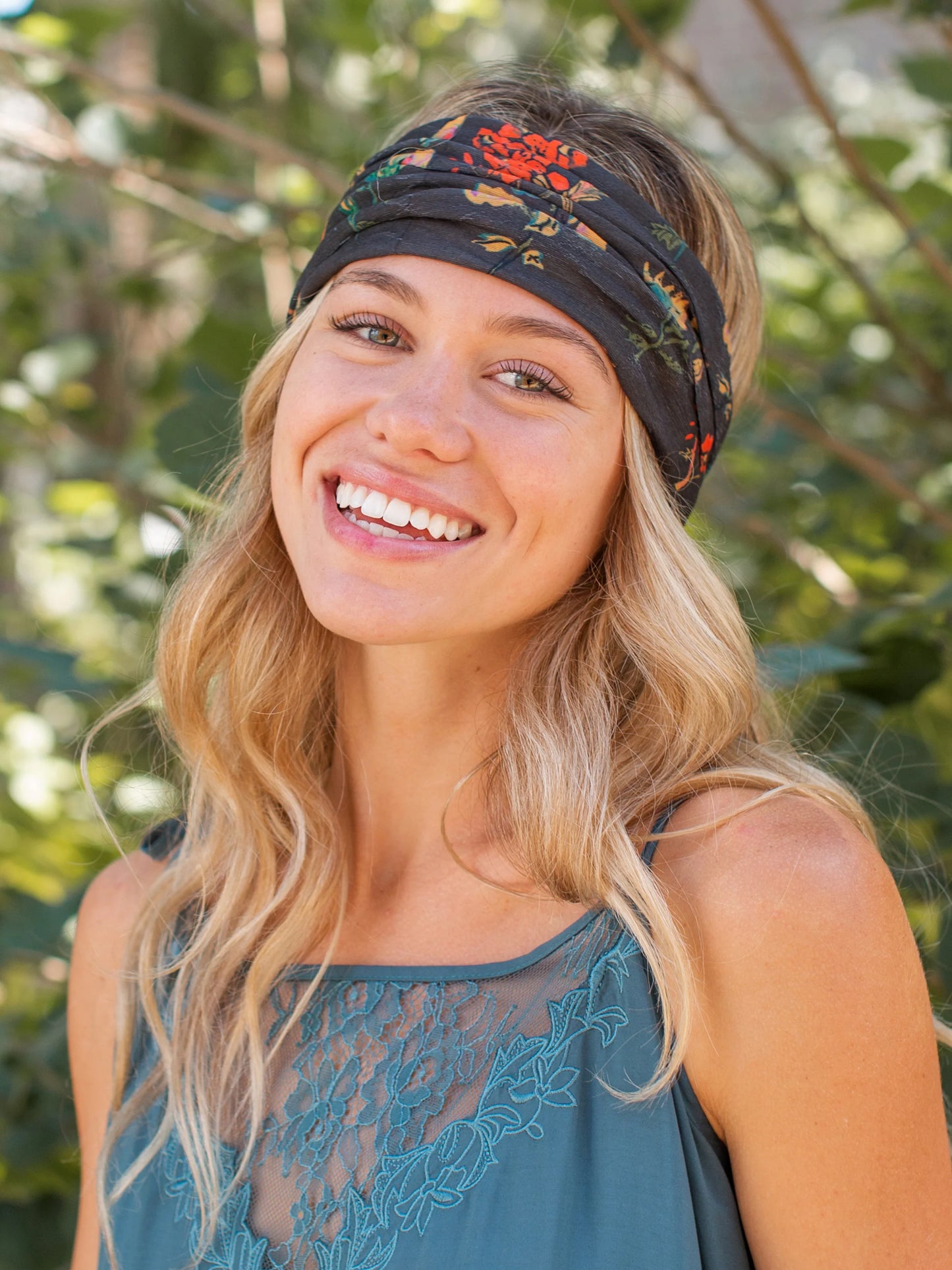 Natural Life Full Boho Bandeau® Headband - Charcoal Orange Floral