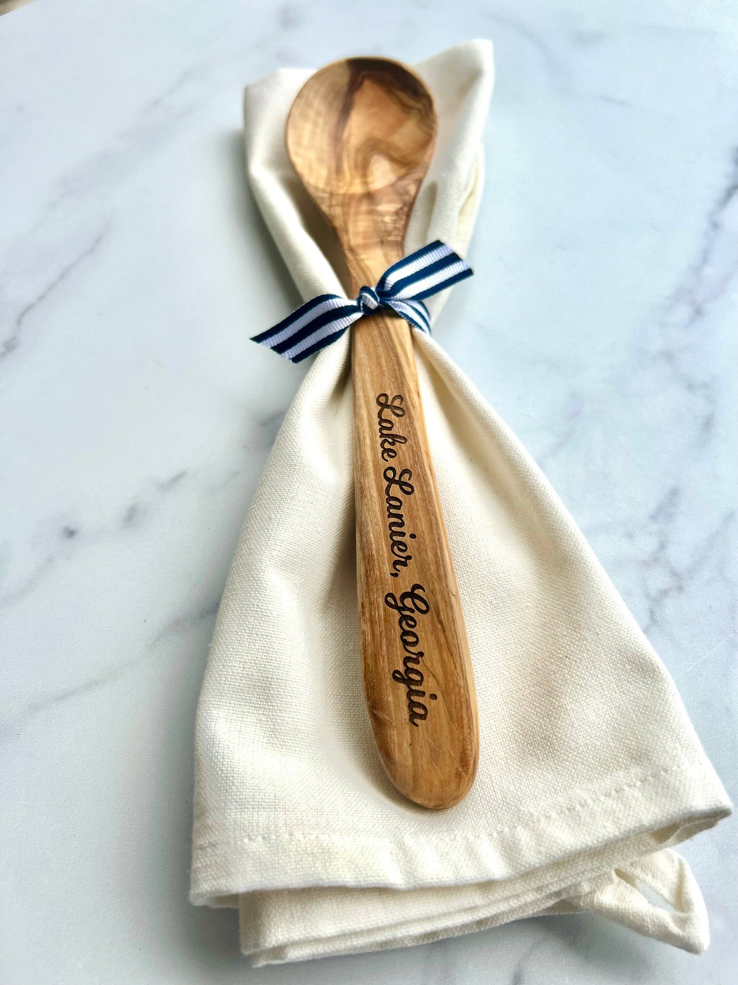 Custom City Name-"Godfrey, Illinois"- Olive Wood Serving Spoon & Towel Gift Set