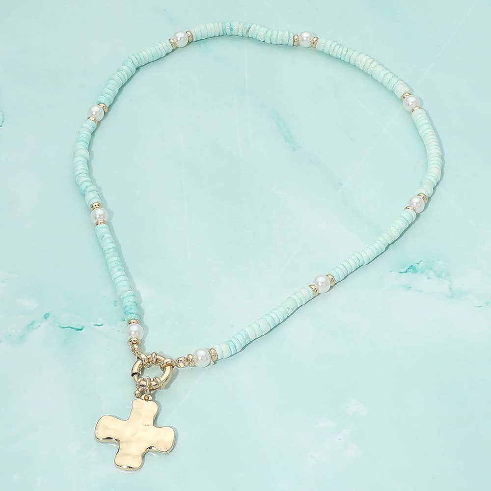 Hammered Metal Cross Charm Pendant Accent Pearl Flat Beaded Necklace