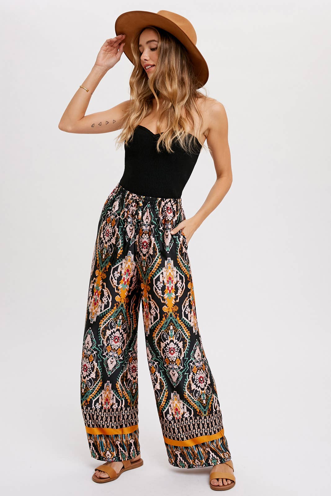 BORDER PRINT WIDE LEG PANTS