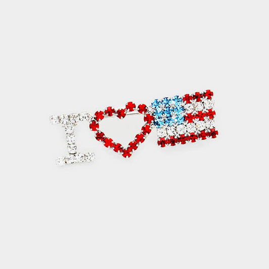 "I Love USA" Rhinestone Pave USA Flag Pin Brooch