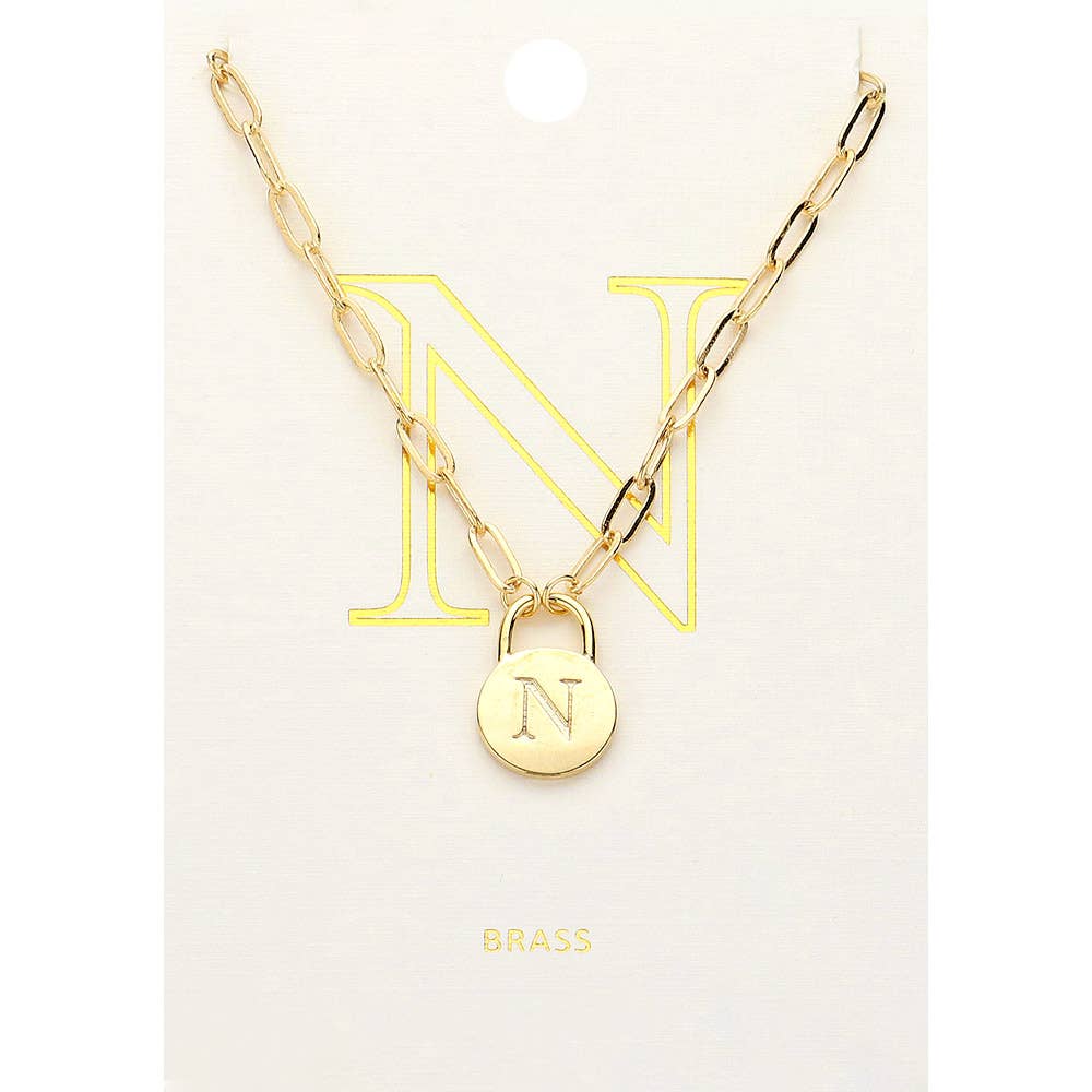Brass Metal Initial Monogram Lock Pendant Necklace