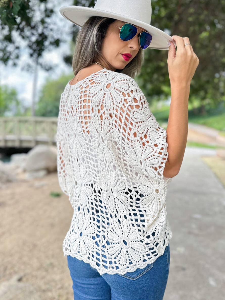 Ivory Boho Floral Crochet Dolman Sleeve Knit Top