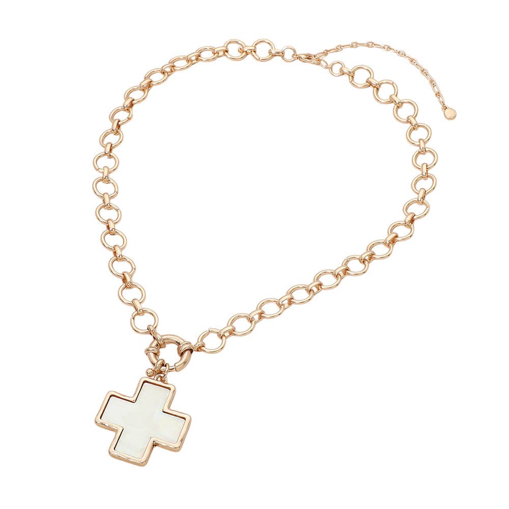 Mother of Pearl Cross Pendant Chunky Chain Necklace