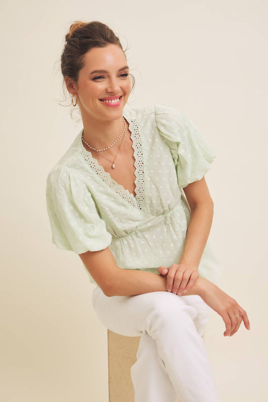 SCALLOP TRIM V-NECK EYELET BLOUSE WITH BUBBLE SLEEVES