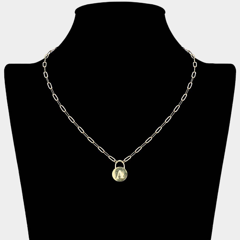 Brass Metal Initial Monogram Lock Pendant Necklace