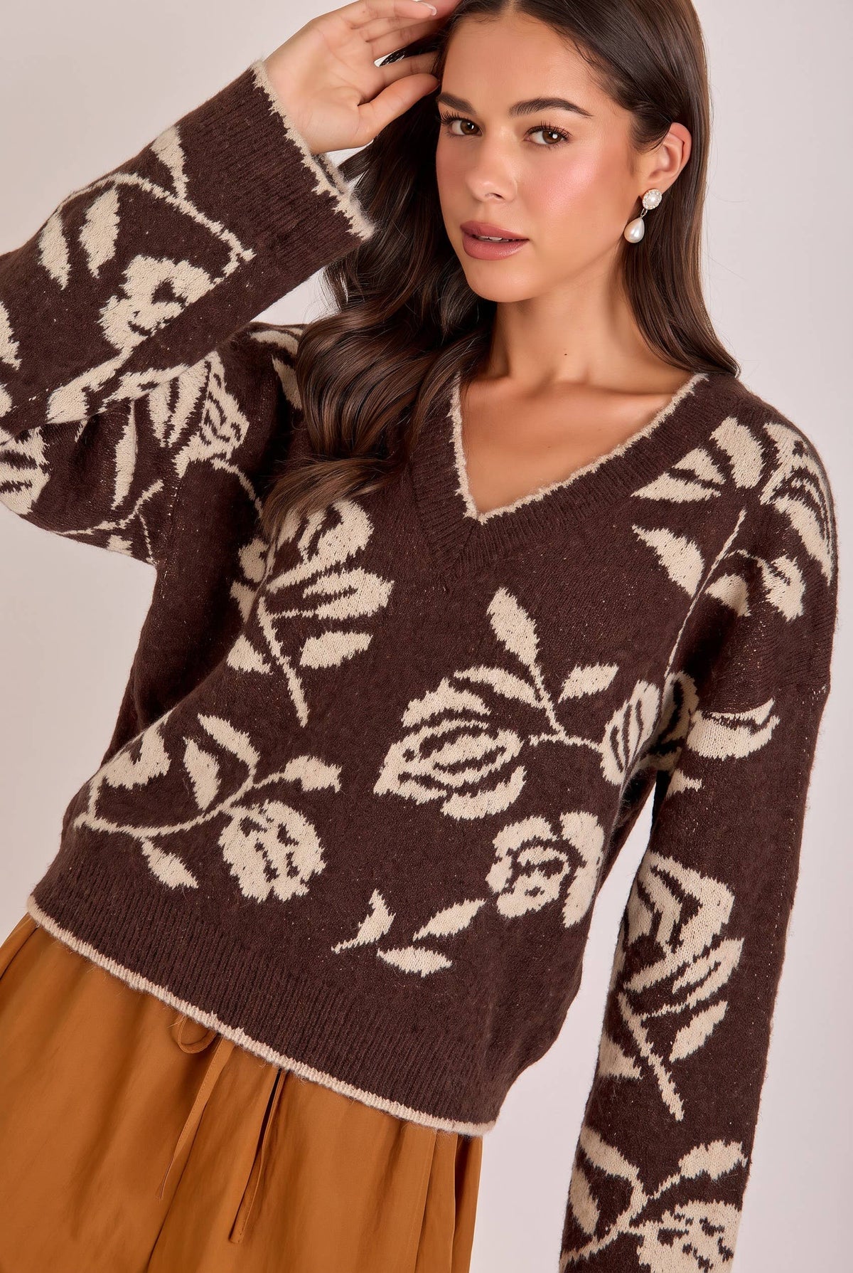FLORAL BOTANICAL PATTERN SWEATER TOP