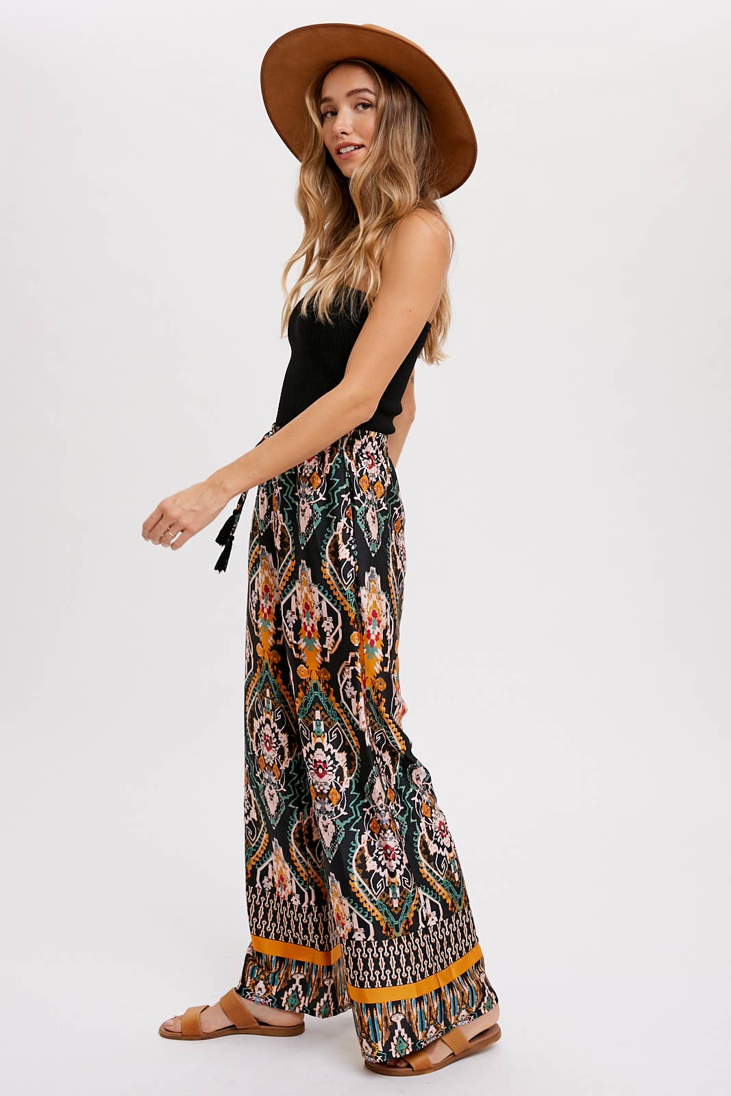 BORDER PRINT WIDE LEG PANTS