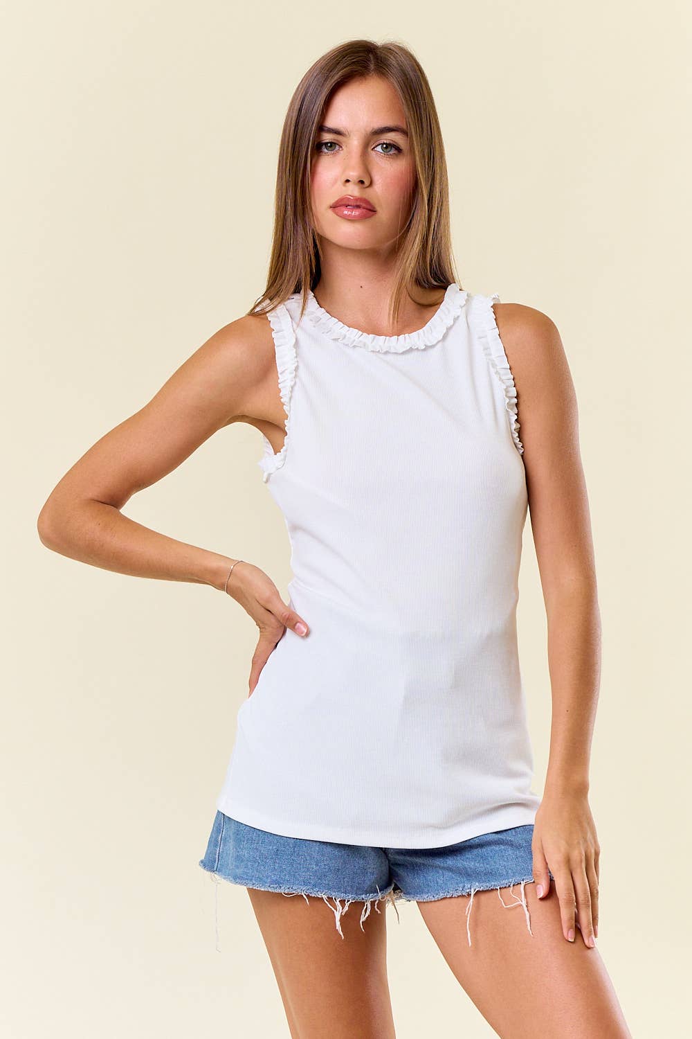 SOLID KNIT TANK WITH RUFFLE TRIM