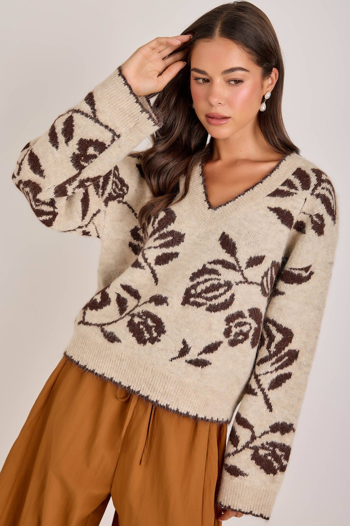 FLORAL BOTANICAL PATTERN SWEATER TOP