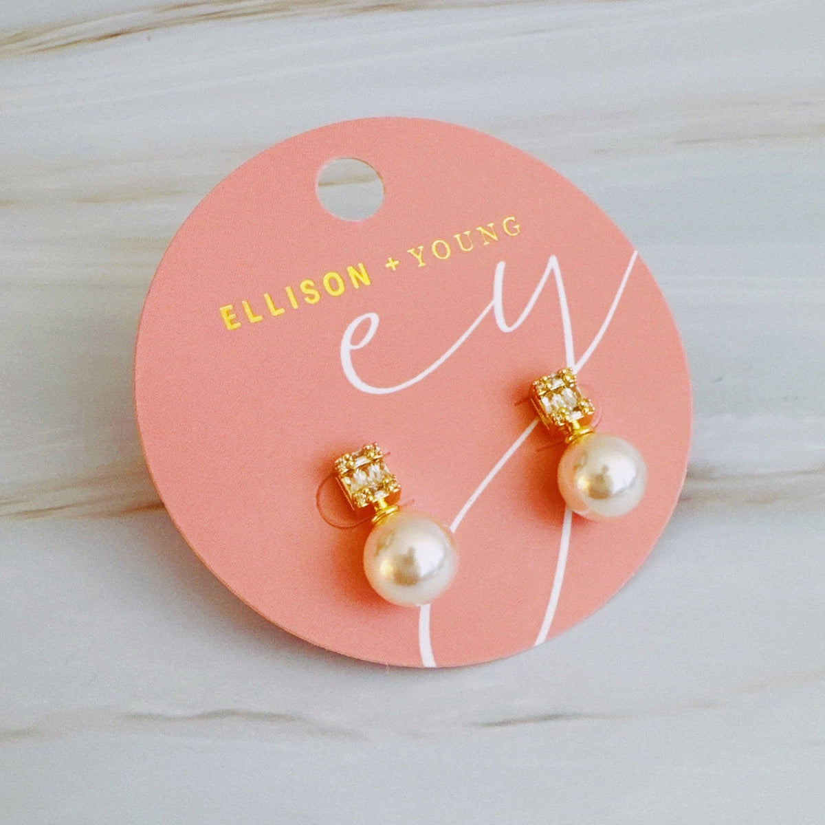 Pearl And Baguette CZ Stud Earrings - Gold Plated