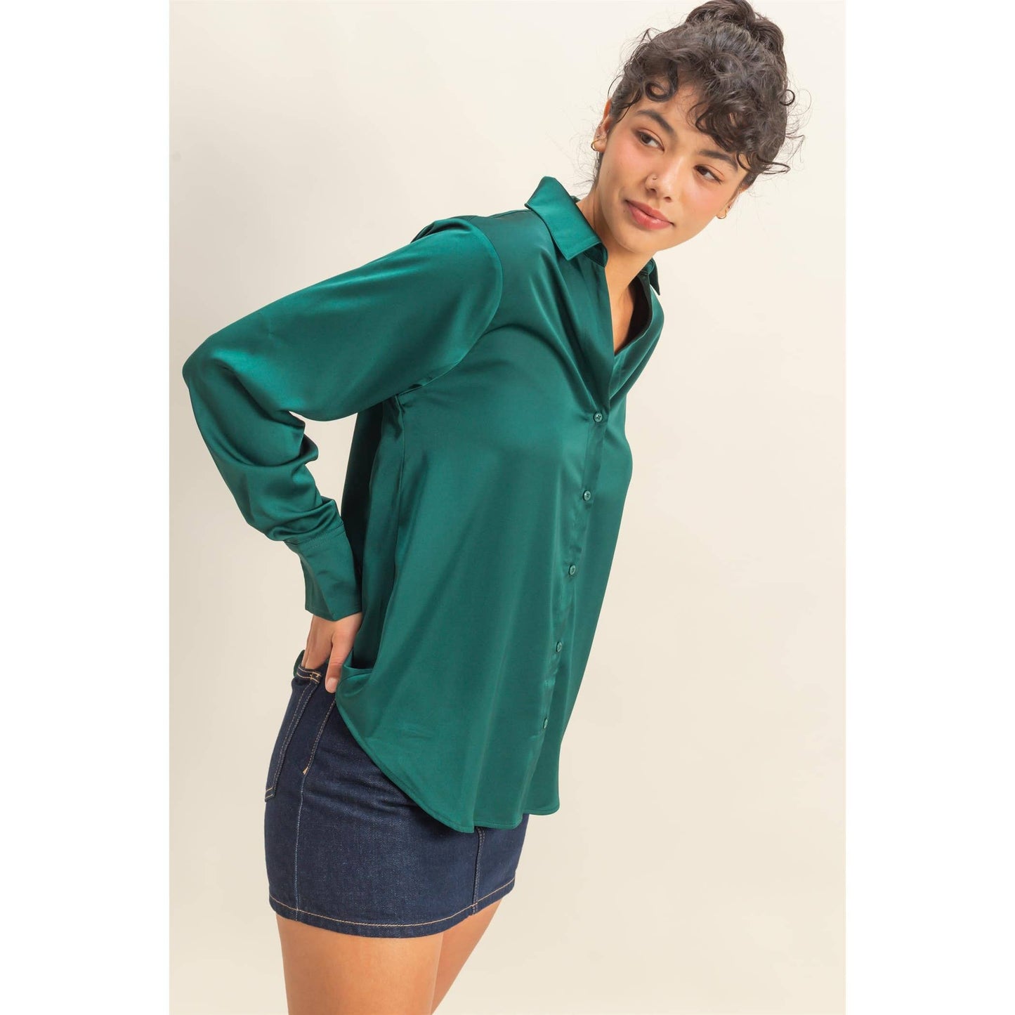 Button-Up Satin Shirt With Collared Neckline