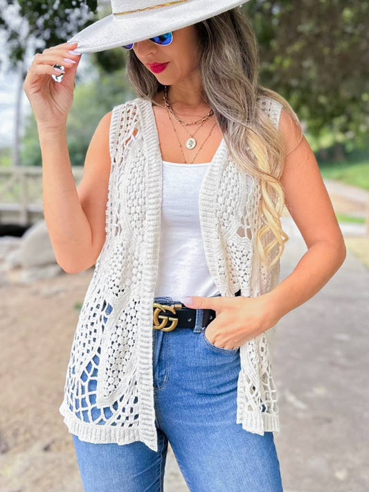Unique Boho Floral Pattern Open Front Crochet Vest Top