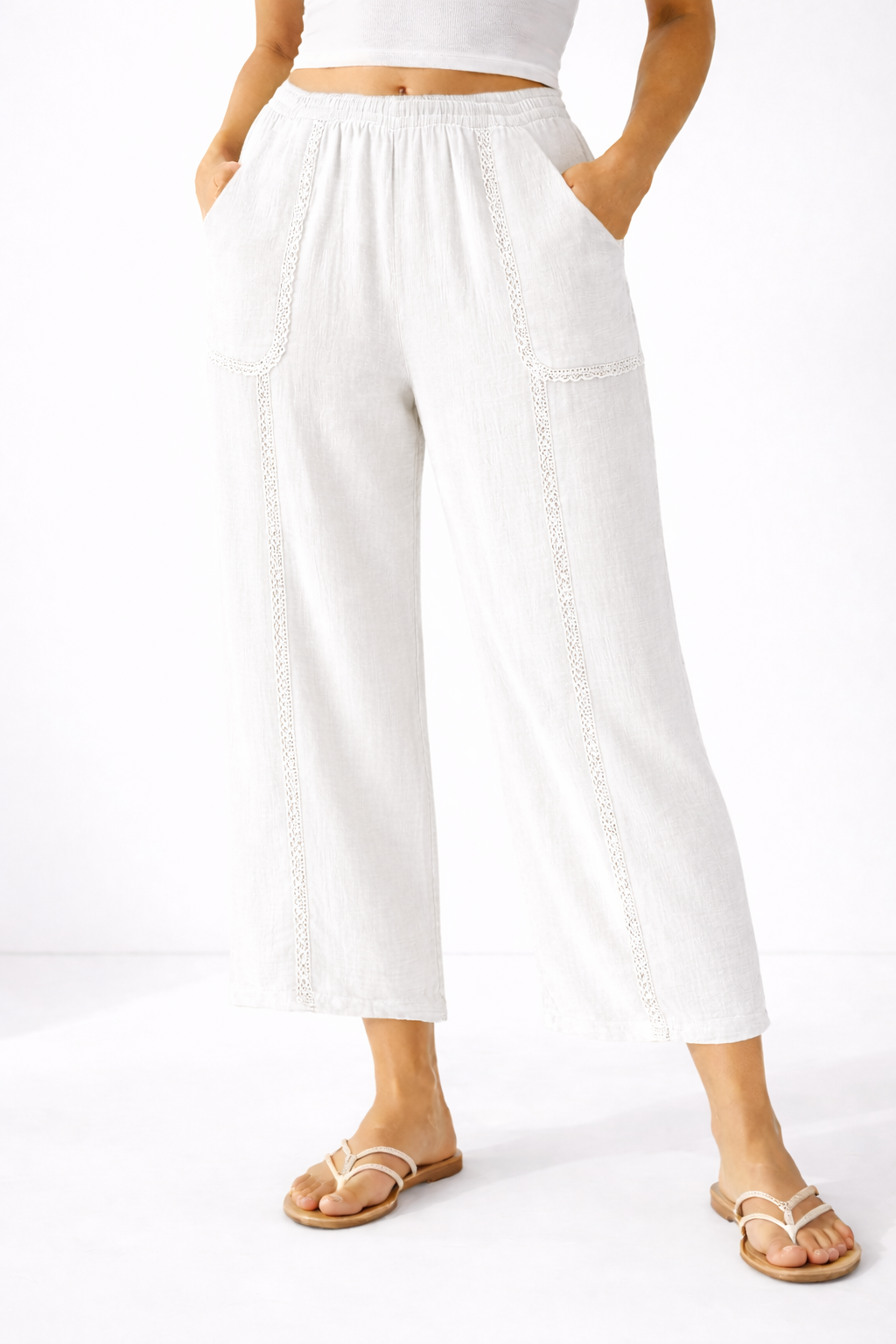 Cotton Gauze Cropped Wide Leg Pant w/ Crochet Lace Trim