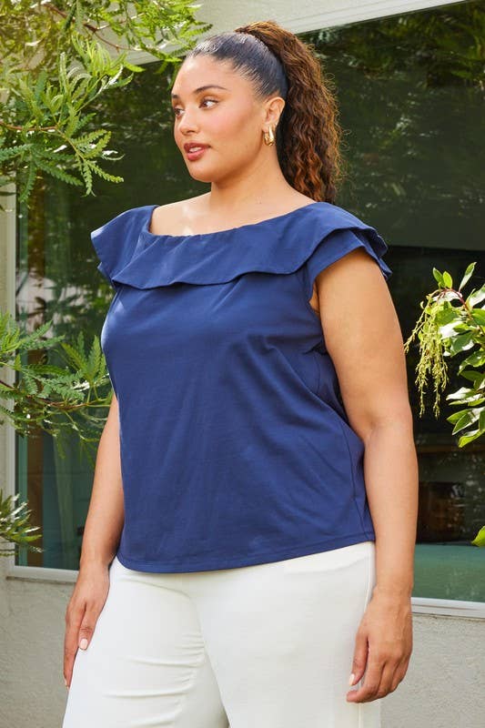 Plus Size Shirred Shoulder V-Neck Top