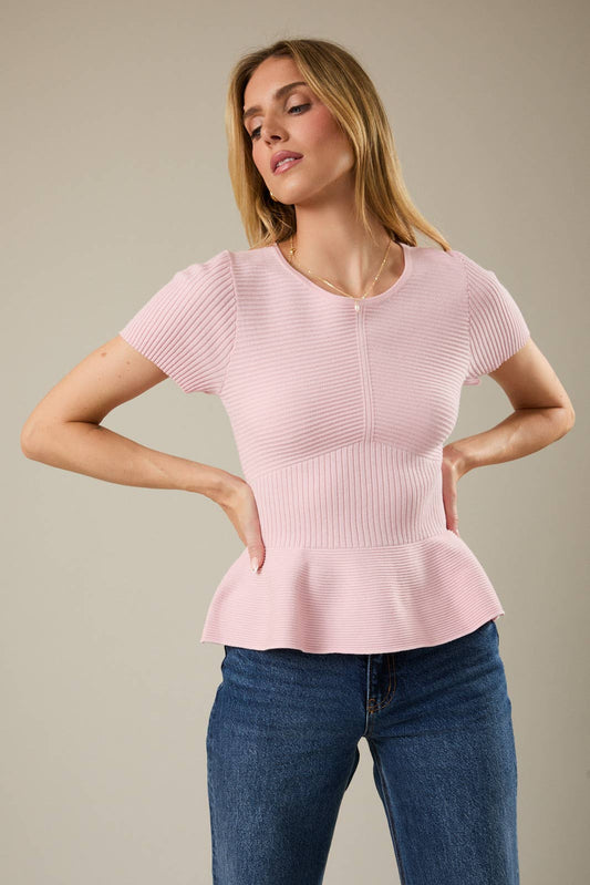 ROUND NECK SHORT SLEEVE PEPLUM RIBBED TOP