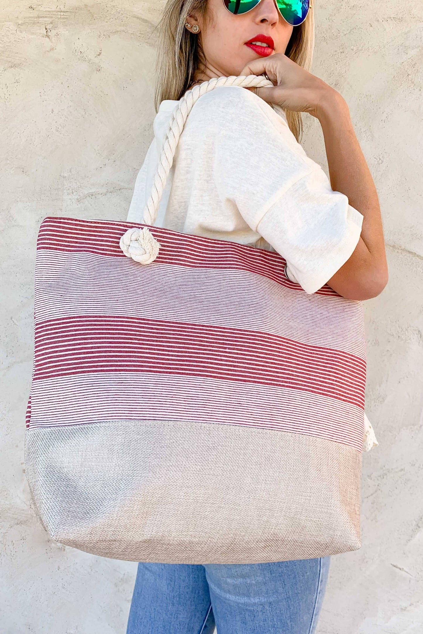 Red Stripe Beach Tote Bag with Comfy Rope Handles and Zipper