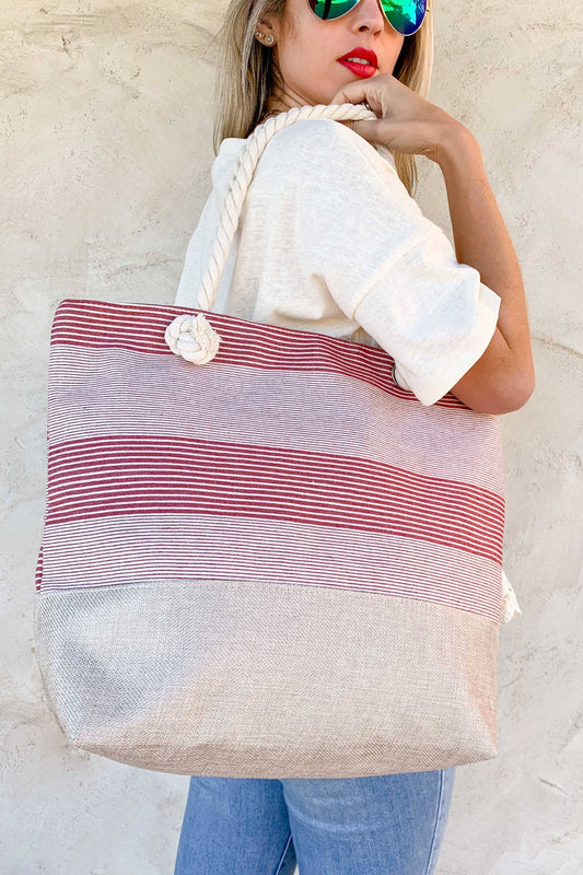 Red Stripe Beach Tote Bag with Comfy Rope Handles and Zipper