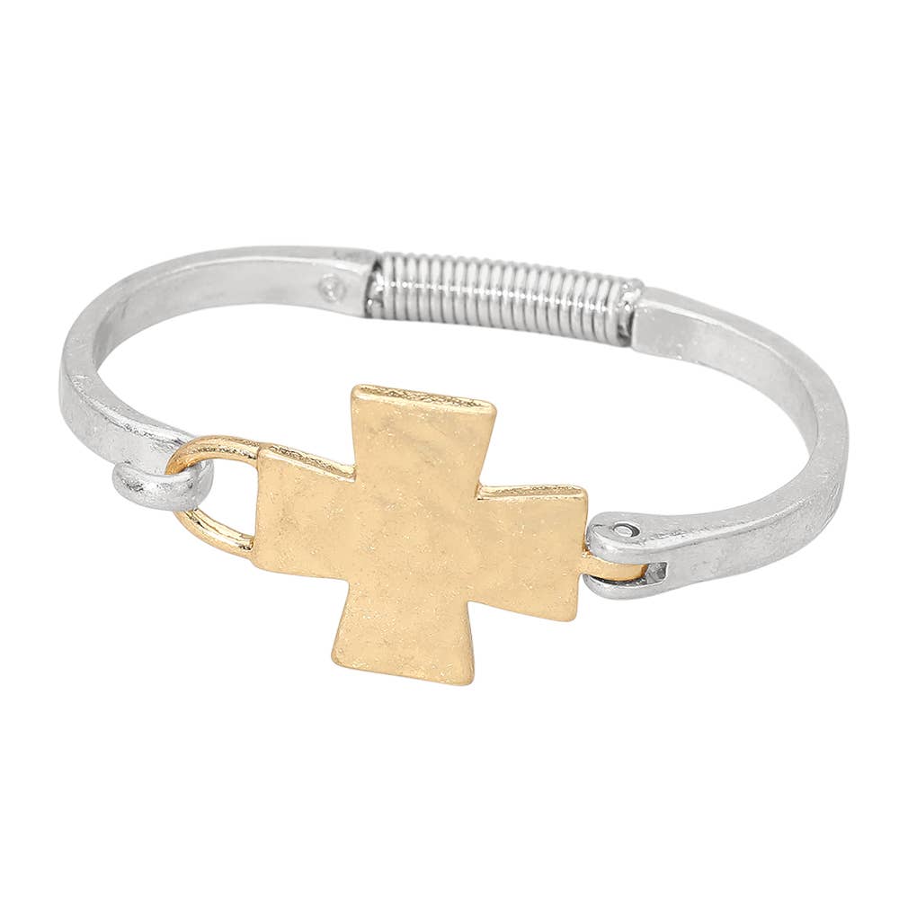 Hammered Metal Cross Accent Hinged Bangle Bracelet