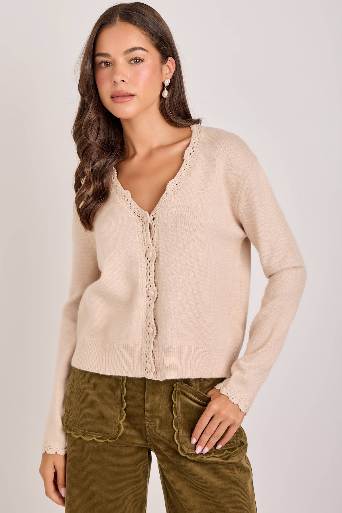 LACE TRIMMED BUTTON FRONT CARDIGAN