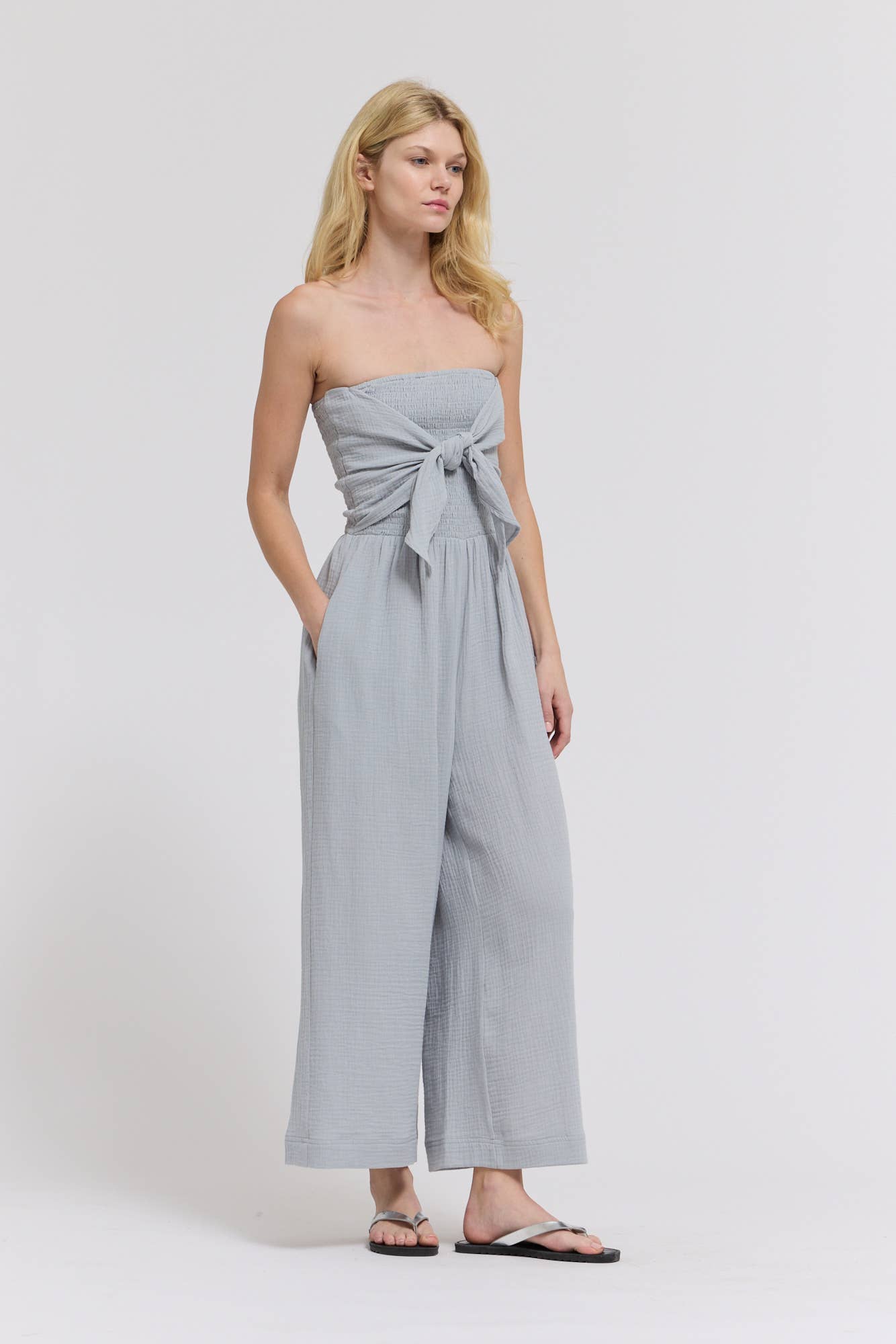 TIE FRONT GAUZE JUMPSUIT
