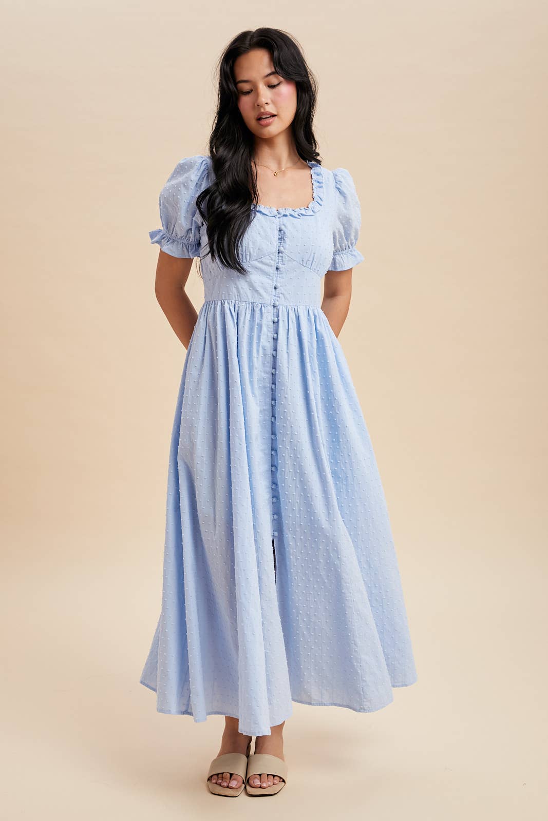 SWISS DOT BUTTON DOWN MAXI DRESS