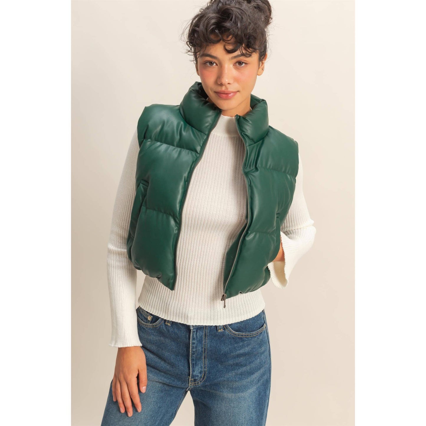 Faux Leather Cropped Puffer Vest