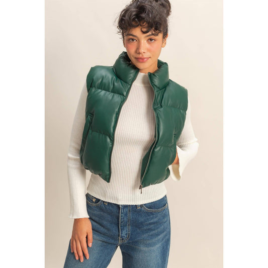 Faux Leather Cropped Puffer Vest