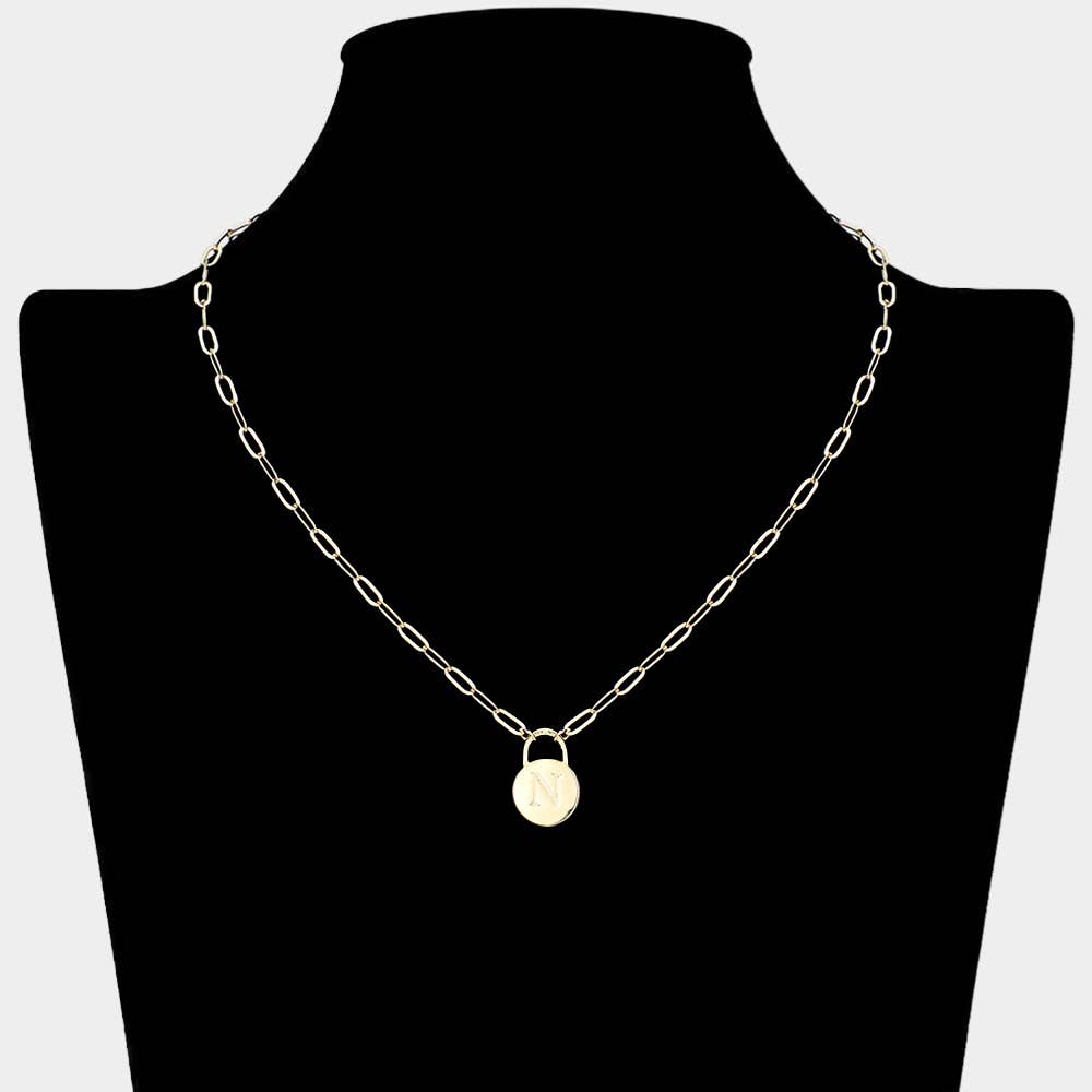Brass Metal Initial Monogram Lock Pendant Necklace