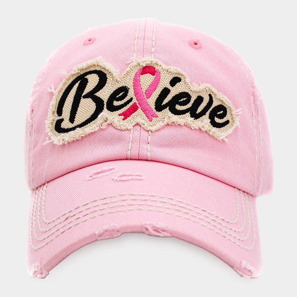 Believe Message Pink Ribbon Accented Vintage Baseball Cap