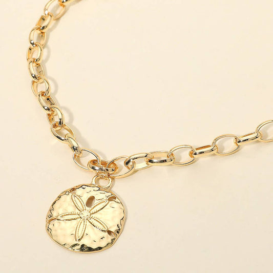 Hammered Metal Sand Dollar Pendant Chunky Chain Necklace