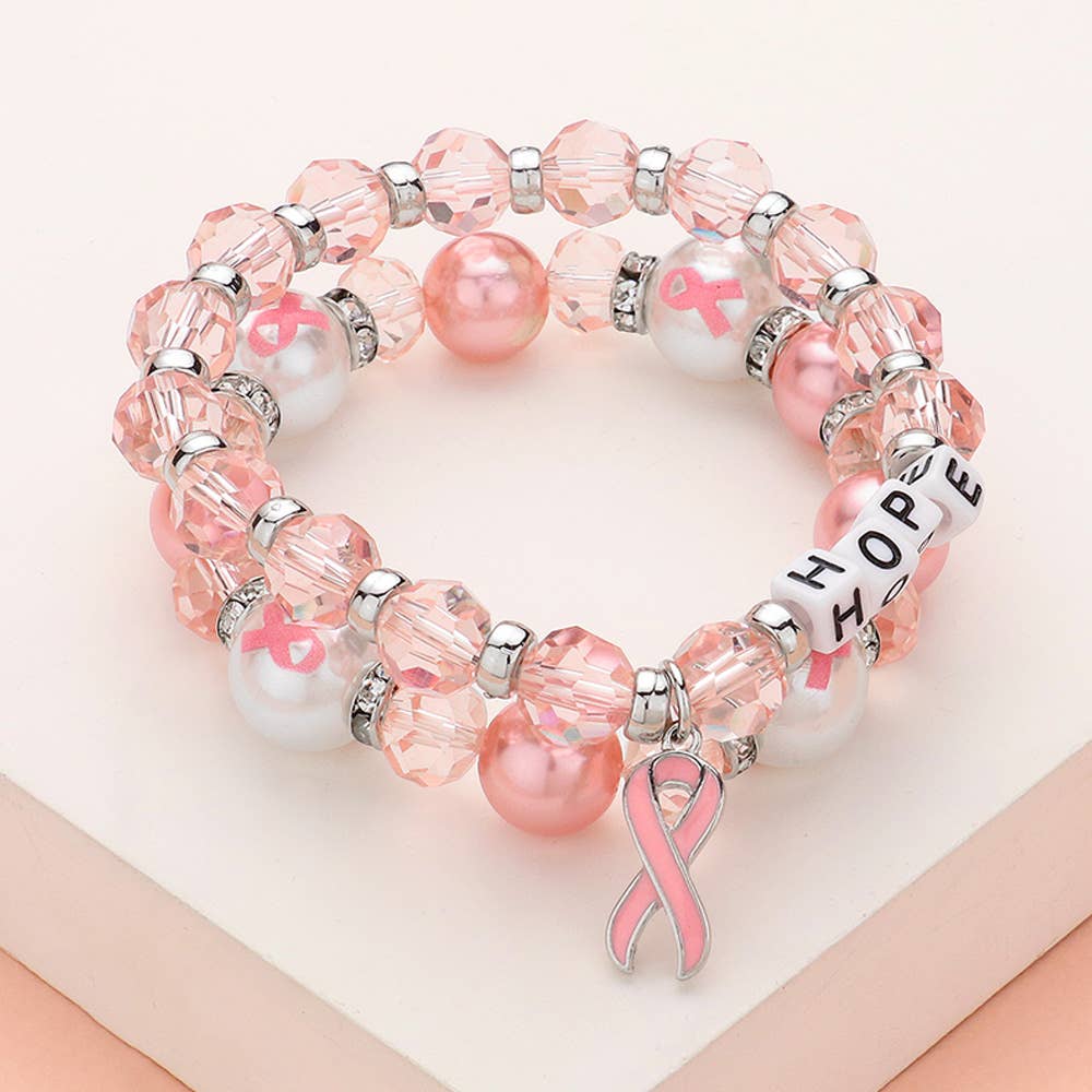 HOPE Message Pointed Pink Ribbon Charm Bracelets-2 PCS